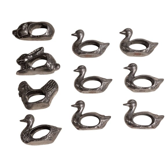 Vintage Shafford Pewter Animal Napkin Rings Set 10 Ducks Rabbit Hen Pig - Picture 1 of 16
